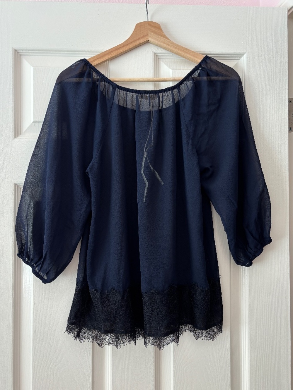 lovestitch Gather Lace Sheer Boho Blouse - Navy Blue & Black Size S - Picture 4 of 9